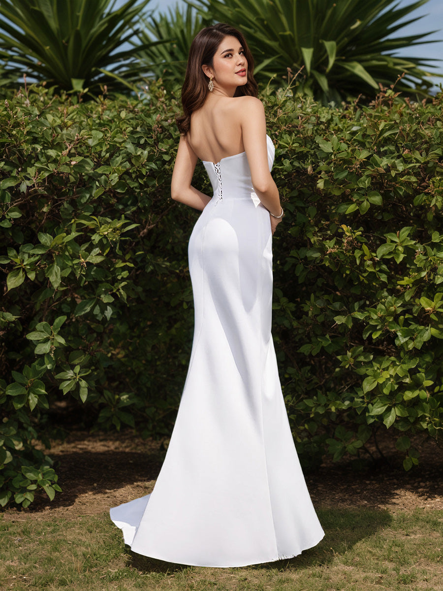 Simple Strapless Split Sheath Long Wedding Dress Elegant Bridal Gown