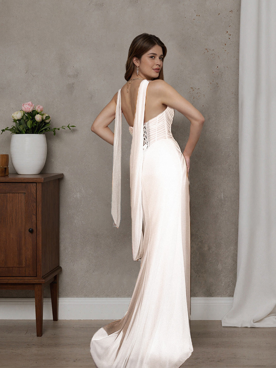Pretty Strapless Ivory Long Sheath Wedding Dress Split Bridal Gown