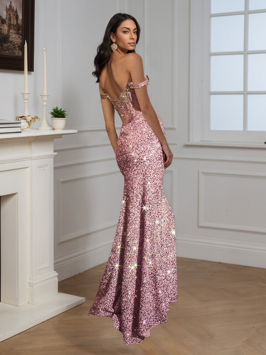 Cicinia Pink Prom Dress Long Sequins Sheath Beaded Evening Gown