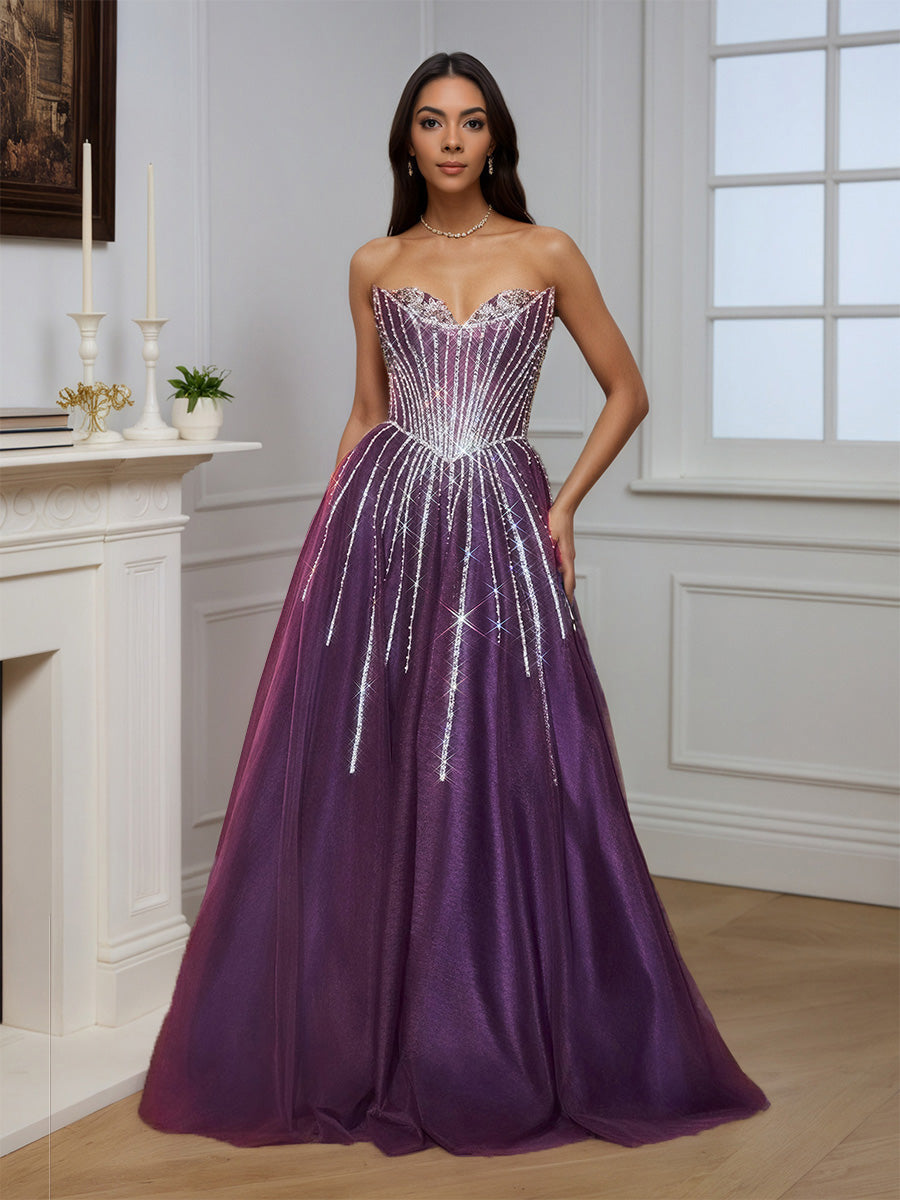 Charming A-line Strapless Floor Length Long Beaded Prom Dress