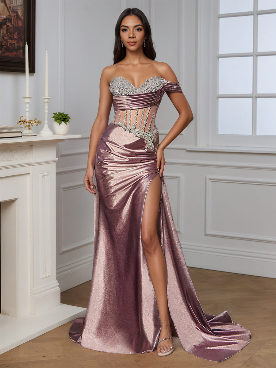 Formal Vintage Mauve Slit Sheath Beaded Sweep Train Long Prom Dress Formal Vintage Mauve Slit Sheath Beaded Sweep Train Long Prom Dress