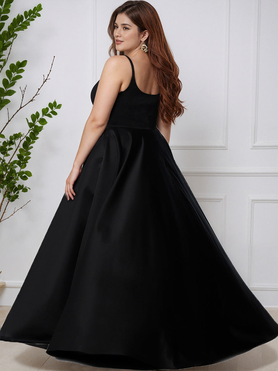 Simple Black Satin Floor Length Long Plus Size Prom Dress