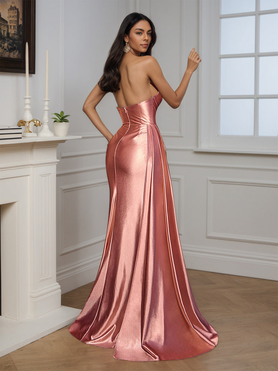 Elegant Strapless Evening Gown Sweep Train Long Slit Prom Dress