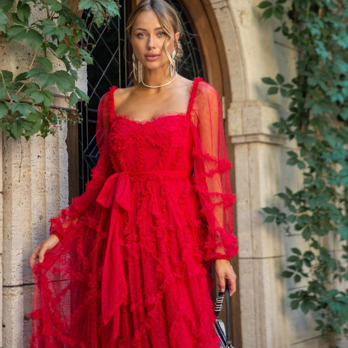 Red Chic Polka Dot Tulle Long Sleeve Sweetheart with Bowknot Maxi Formal Dress, Red / M