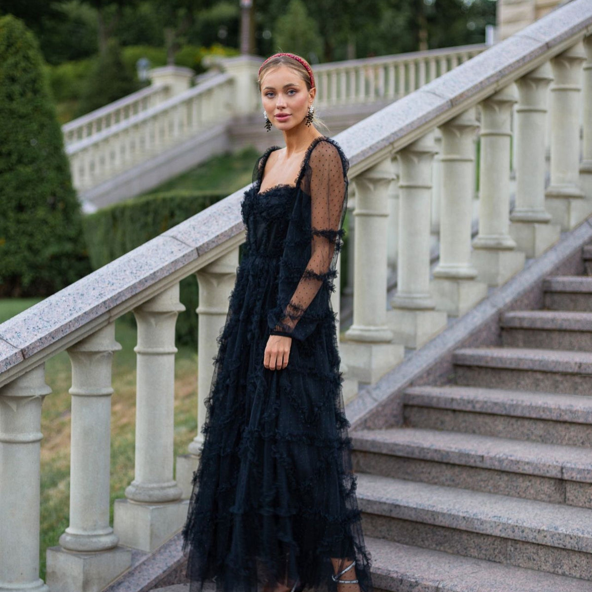 bowknot long sleeve dress Black Polka Dot Tulle Long Sleeve Sweetheart with Bowknot Maxi Prom Dress, Black / S