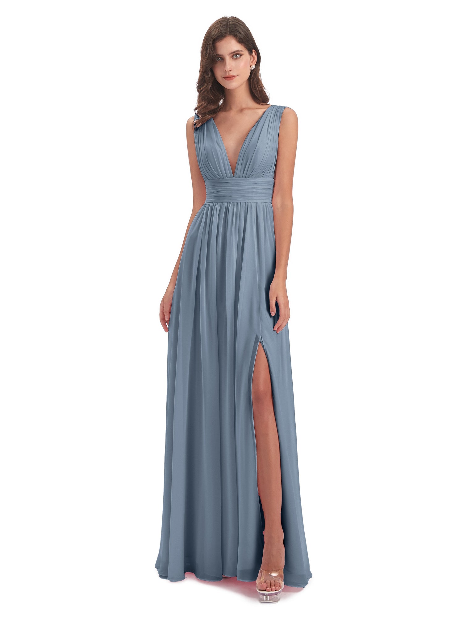 V Neck Floor Length Split Wedding Guest Dress