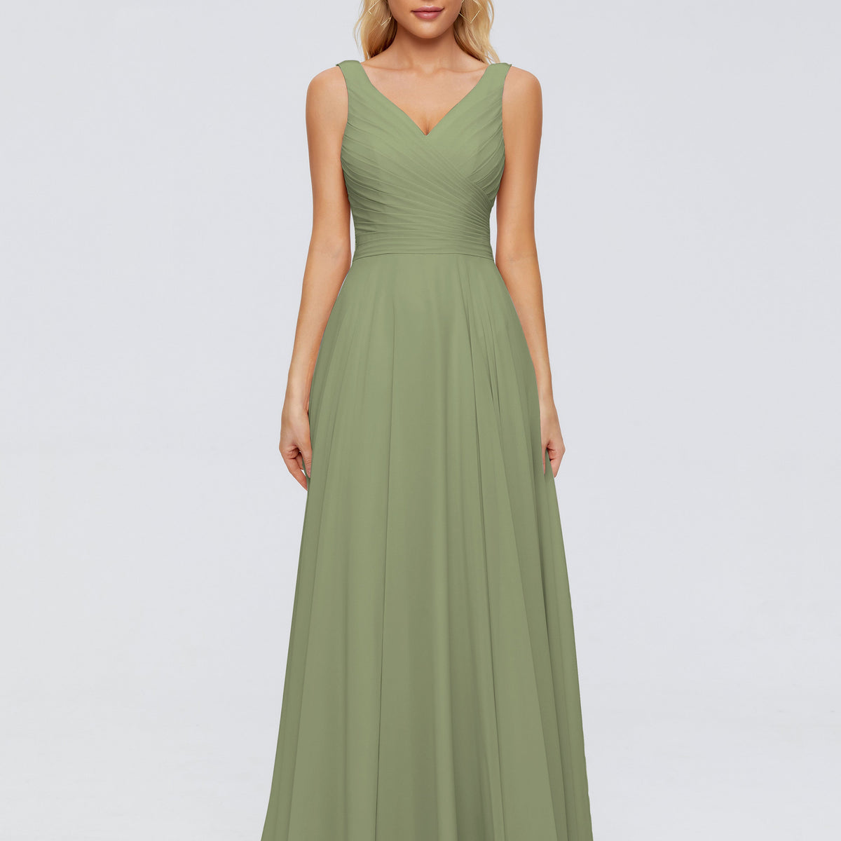 Olive Green Dress Bridesmaid V Neck Long Chiffon Bridesmaid Dresses with Bow