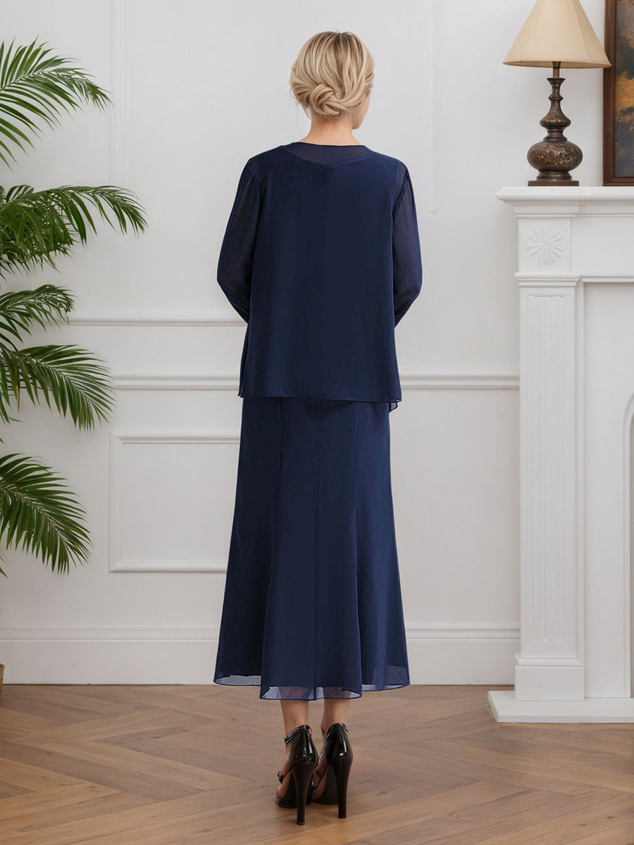 Cicinia Dark Navy Mother Of The Bride Dress 2 Pieces Chiffon A-line Evening Dresses