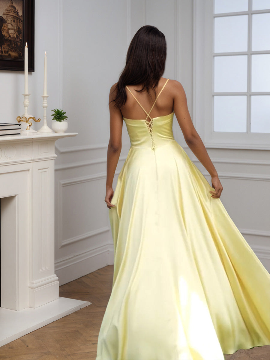 Simple Spaghetti Straps Slit A-line Floor Length Daffodil Long Prom Dress