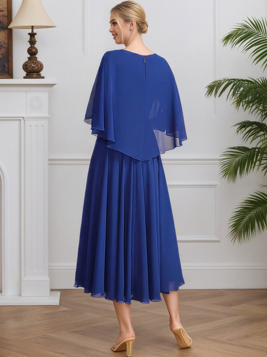 Cicinia Royal Blue Mother Of The Bride Dress Long Chiffon Lace A-line Tea Length