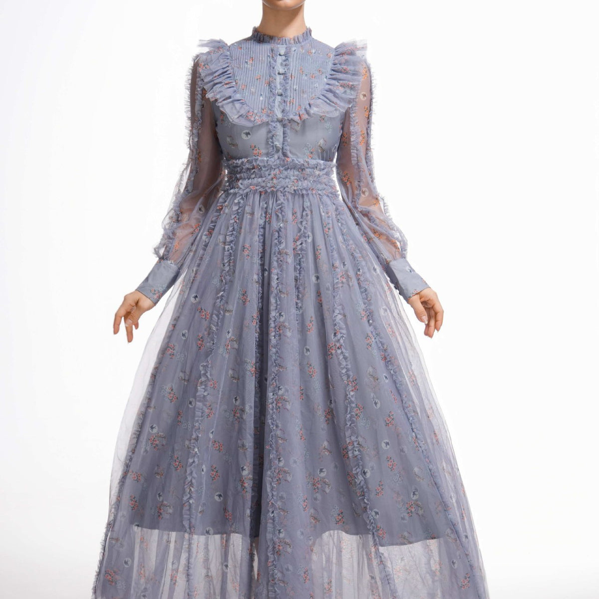 Gray Elegant Ruffled Long Sleeve Floral Maxi Prom Dress, Gray / L