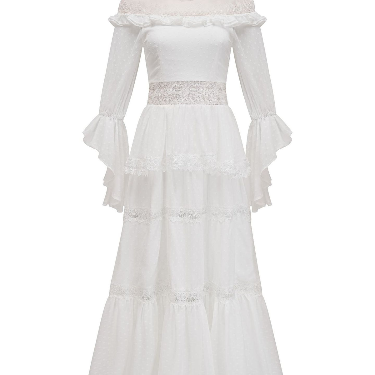 Elegant White Strapless Flared Sleeves Polka Dot Printed Long Formal, White / S