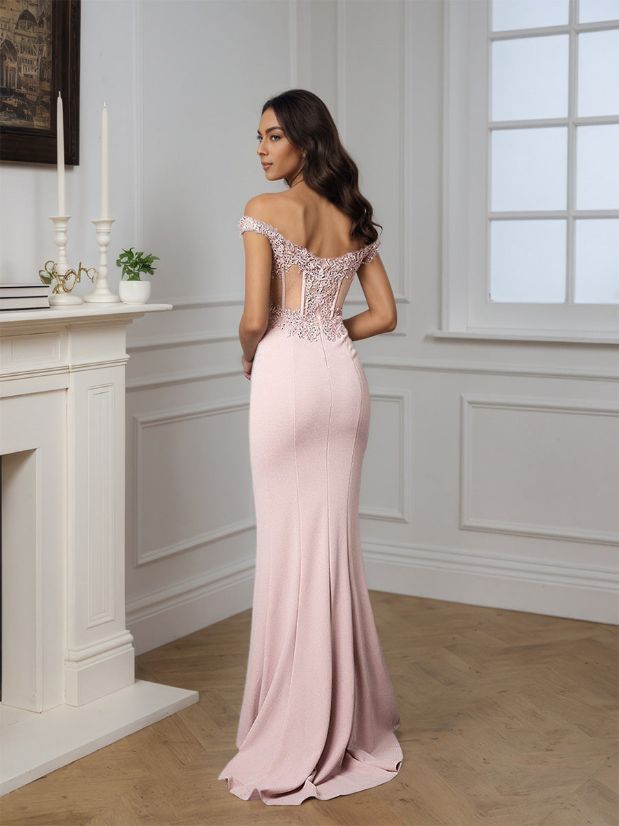Charming Off The Shoulder Lace Beaded Long Slit Prom Dress