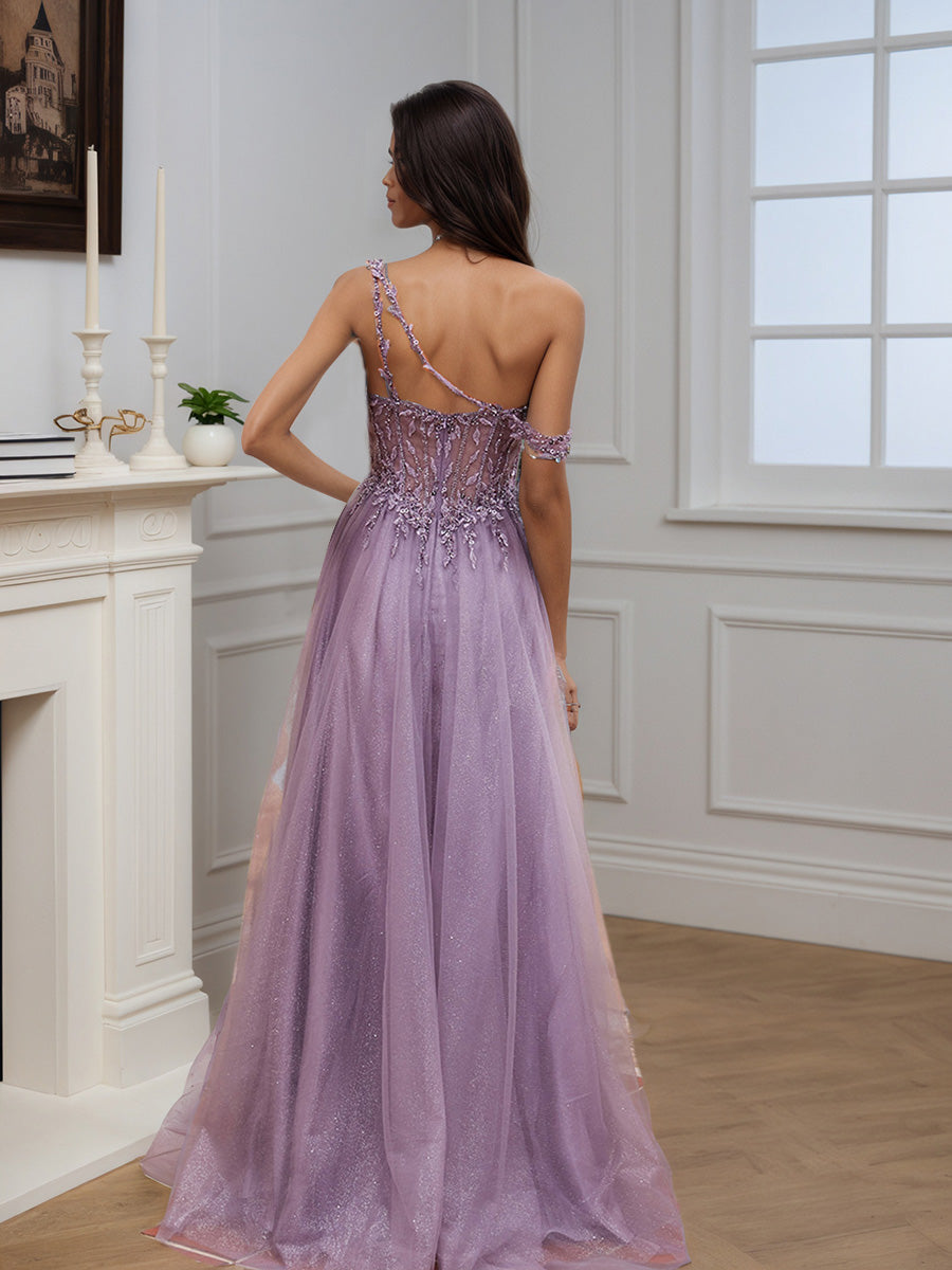 Formal Tahiti One Shoulder A-line Beading Tulle Long Prom Dress