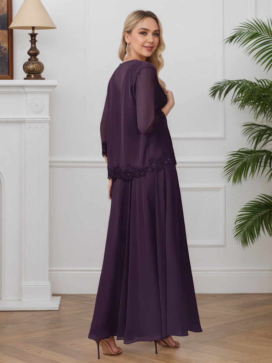 Cicinia Plum Mother Of The Bride Dress With Jacket Long Chiffon Lace A-line V-neck 2 Pieces