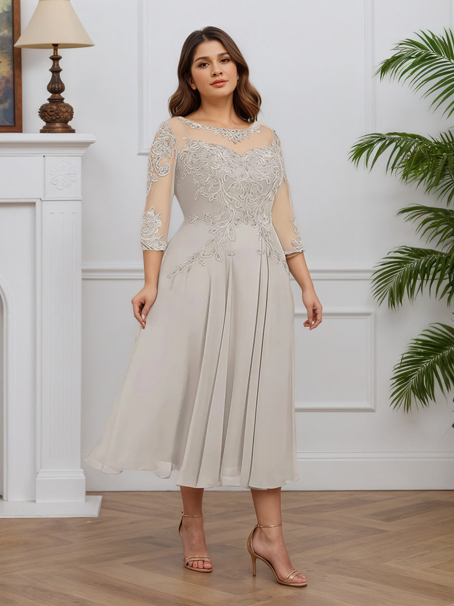 Cicinia Silver Mother Of The Bride Dress Long Chiffon Lace A-line Tea Length Plus Size