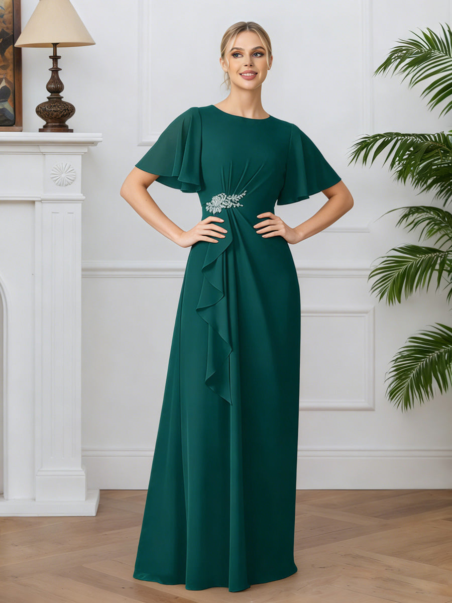 Cicinia Peacock Mother Of The Groom Dress Long Chiffon A-line Short Sleeves Beaded Flowy