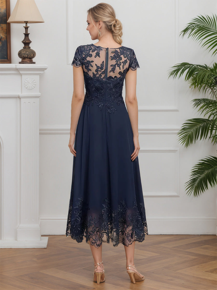 Cicinia Dark Navy Mother Of The Bride Dress Long Chiffon Lace A-line Cap Sleeves