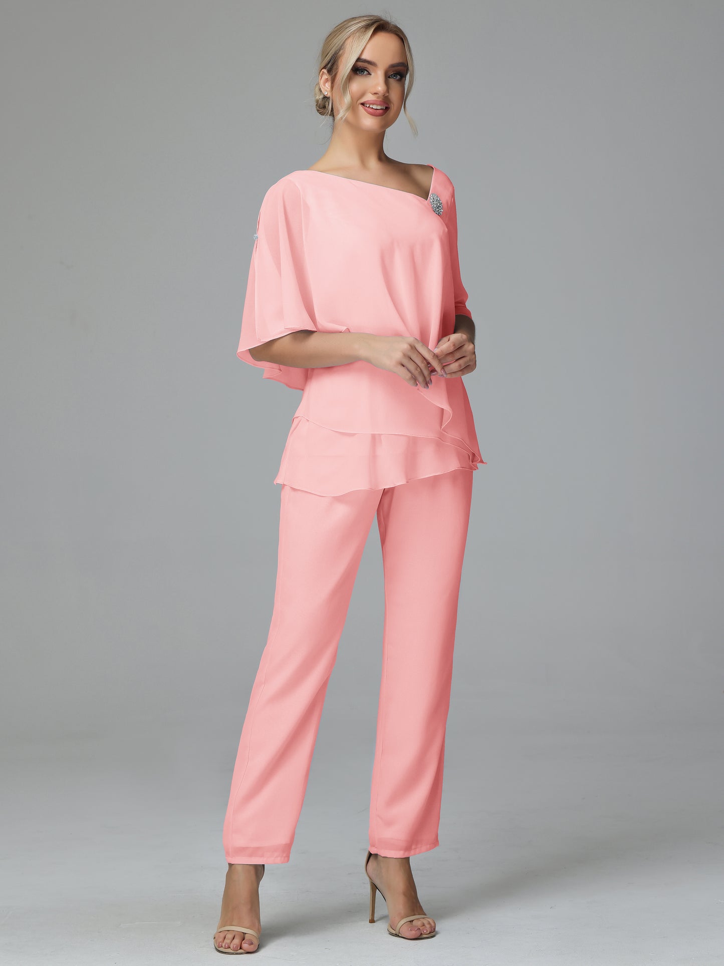 Half Sleeves Chiffon Mother Of The Bride Dress Pant Suits