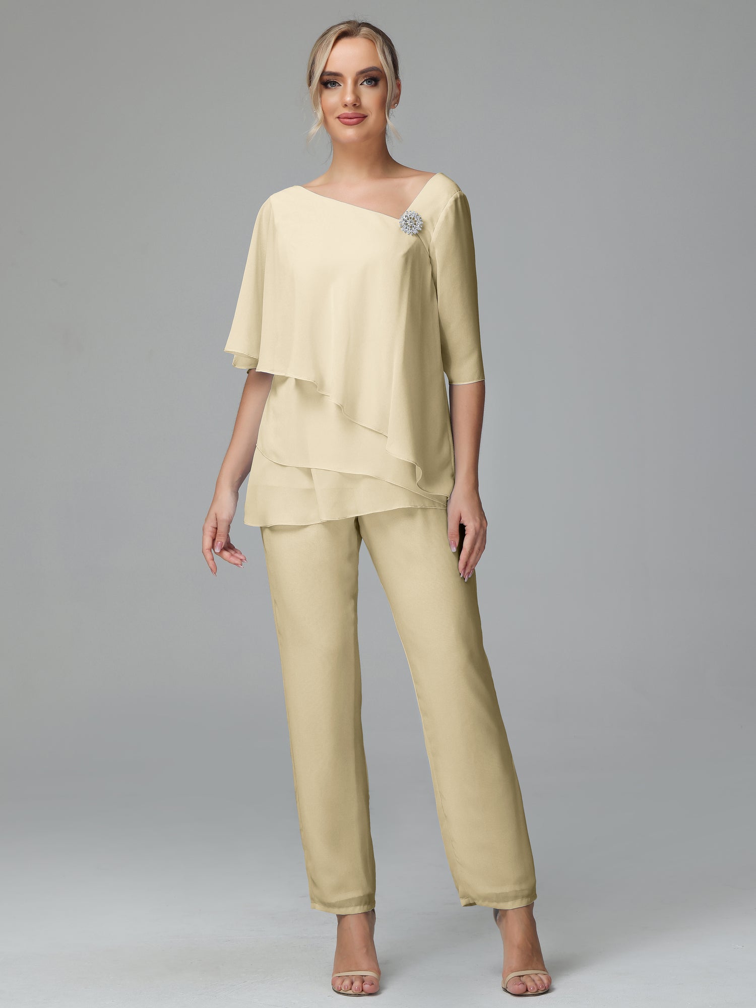 Half Sleeves Chiffon Mother Of The Bride Dress Pant Suits