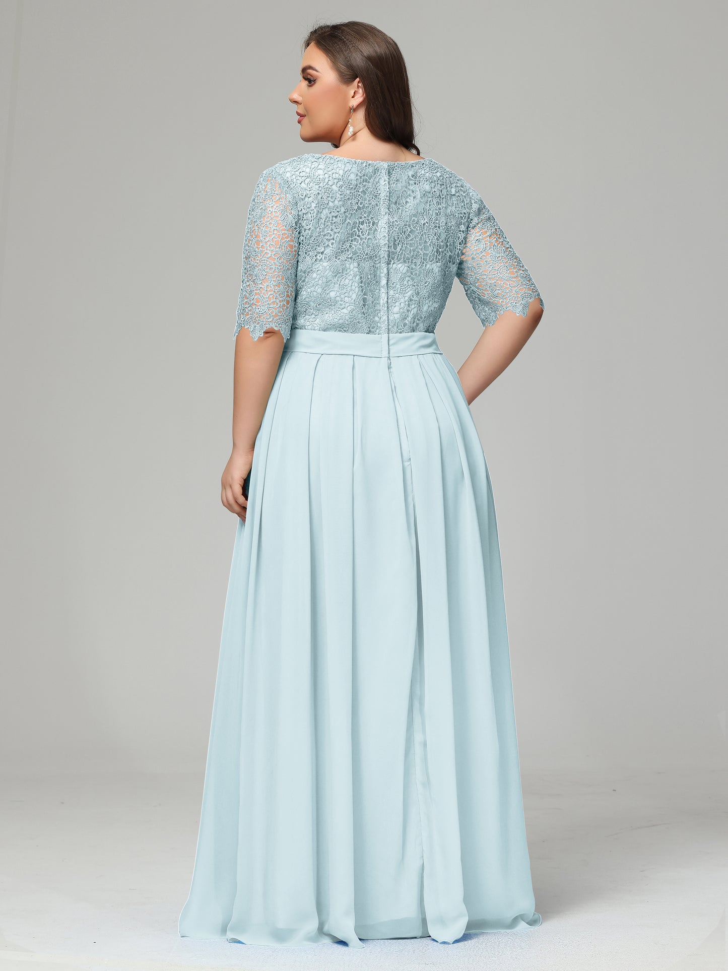Half Sleeves Scoop Lace Long Plus Size Bridesmaid Dresses