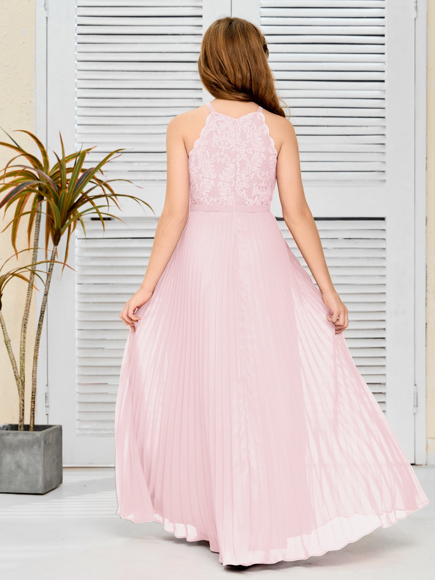 Halter A Line Chiffon Lace Junior Bridesmaid Dress