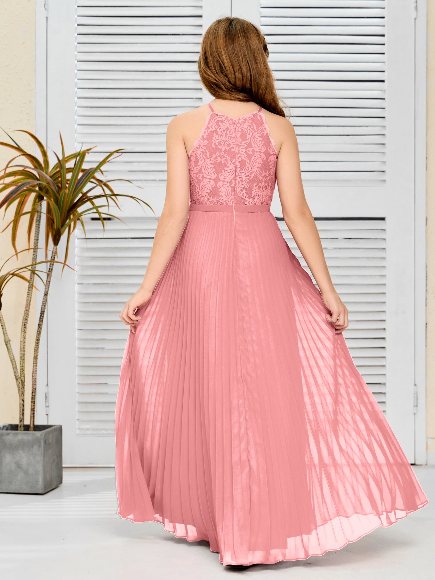 Halter A Line Chiffon Lace Junior Bridesmaid Dress