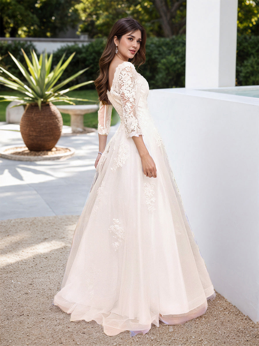 Lovely 3/4 Sleeves A-line Lace Tulle Long Wedding Dress