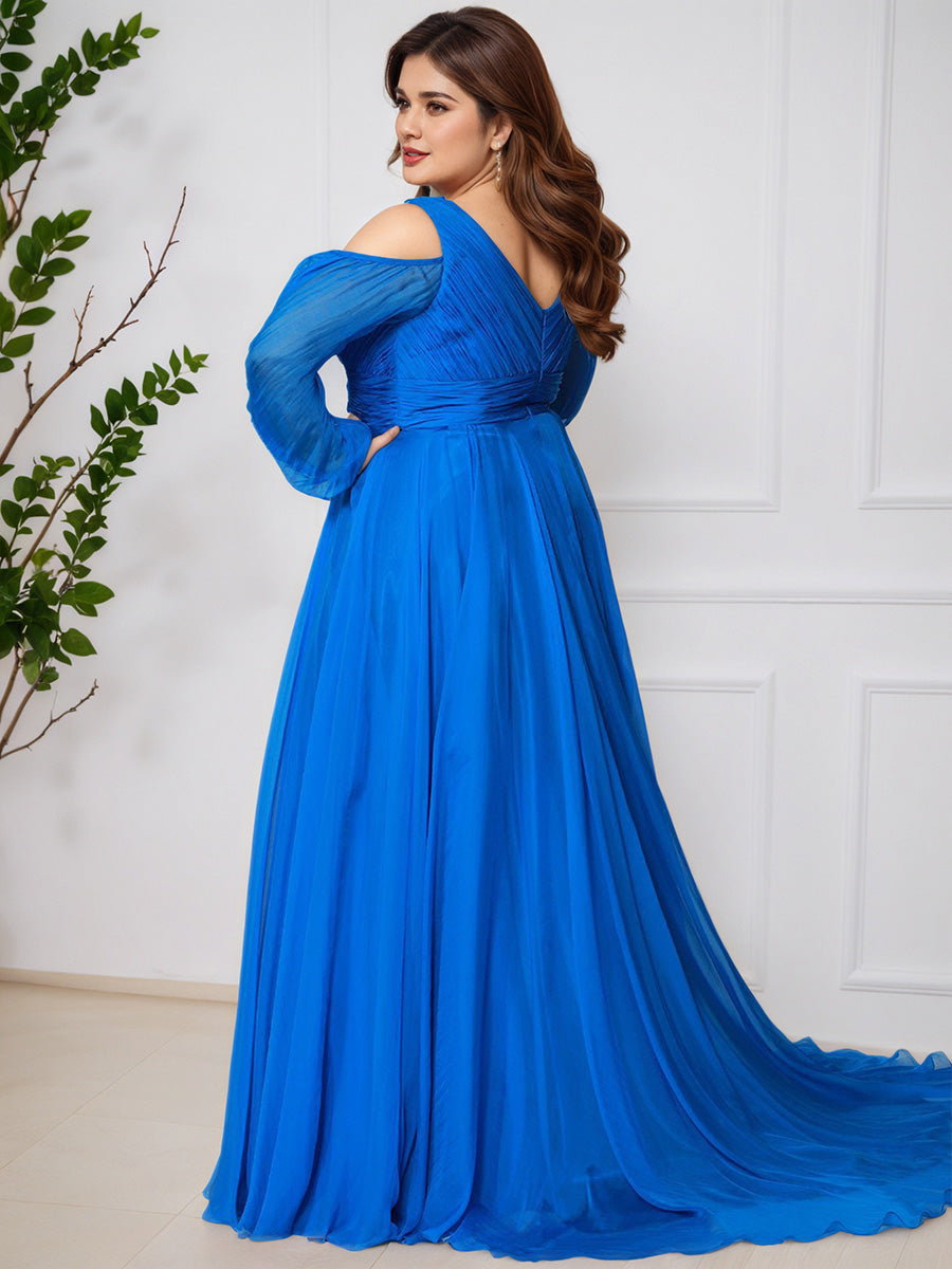 Flowy V-neck A-line Split Long Plus Size Prom Dress With Sleeves