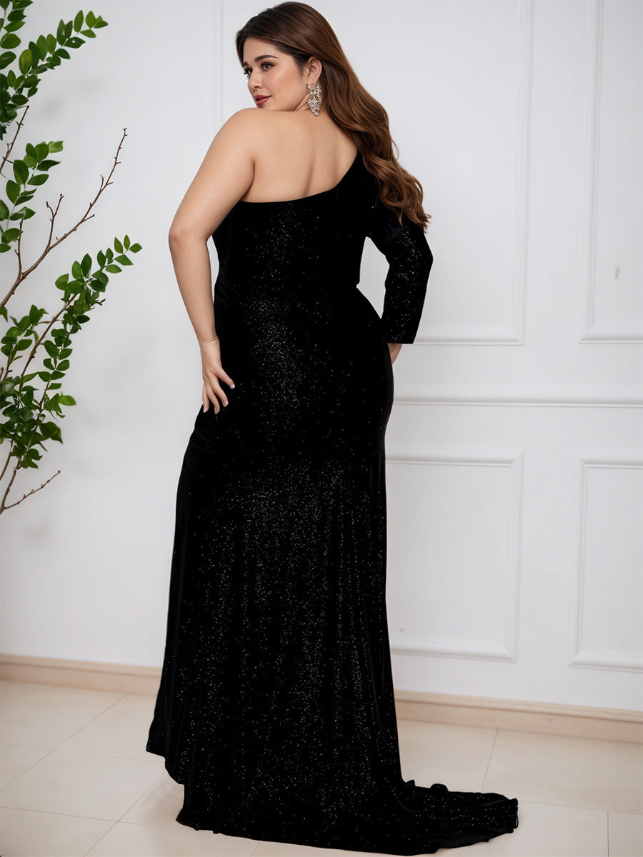 Black One Shoulder Long Sleeve Sheath Plus Size Prom Dress