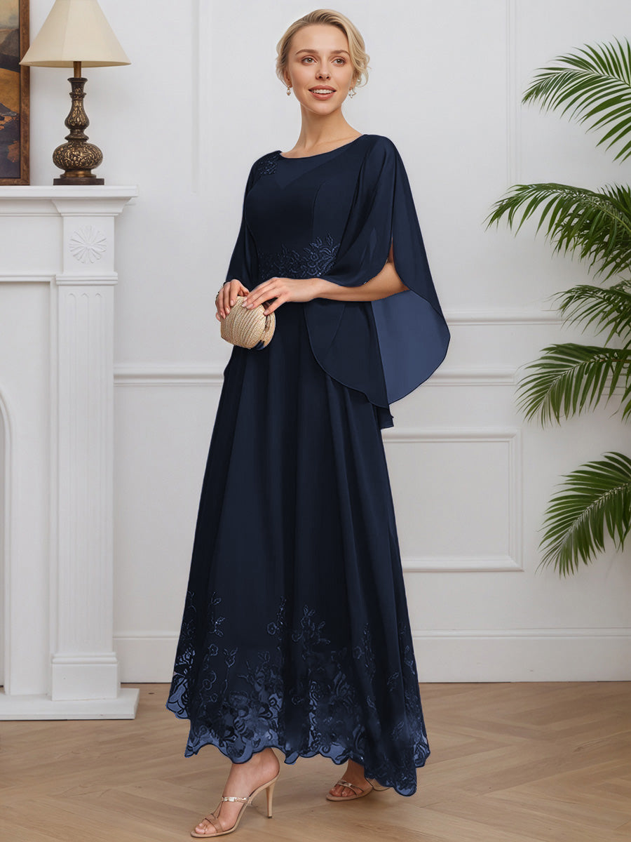 Cicinia Dark Navy Mother Of The Groom Dress Long Chiffon Lace A-line Round Neckline