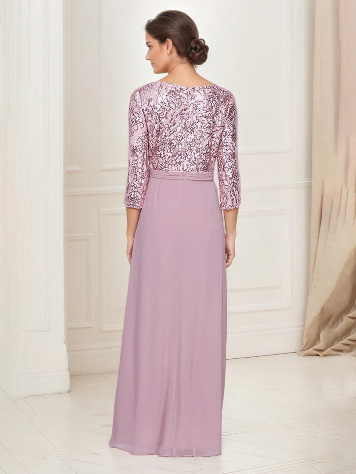 Wisteria Mother Of The Bride Dresses A-Line V-Neck Sequins Bodice 3/4 Sleeves Chiffon Mother Of The Bride Dress