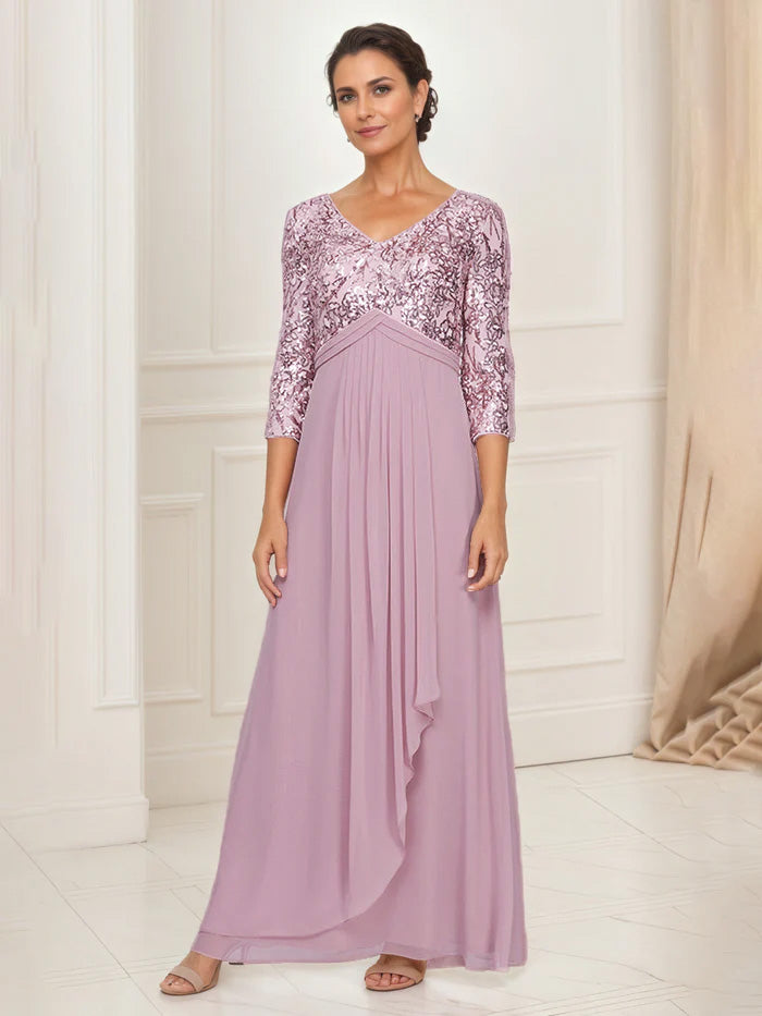 Wisteria Mother Of The Bride Dresses A-Line V-Neck Sequins Bodice 3/4 Sleeves Chiffon Mother Of The Bride Dress