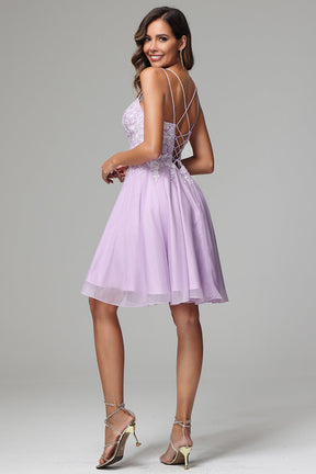 A-line Spaghetti Straps Puff Sleeve Short Prom Dress Lace Homecoming Dress Cocktail Dresses lop260