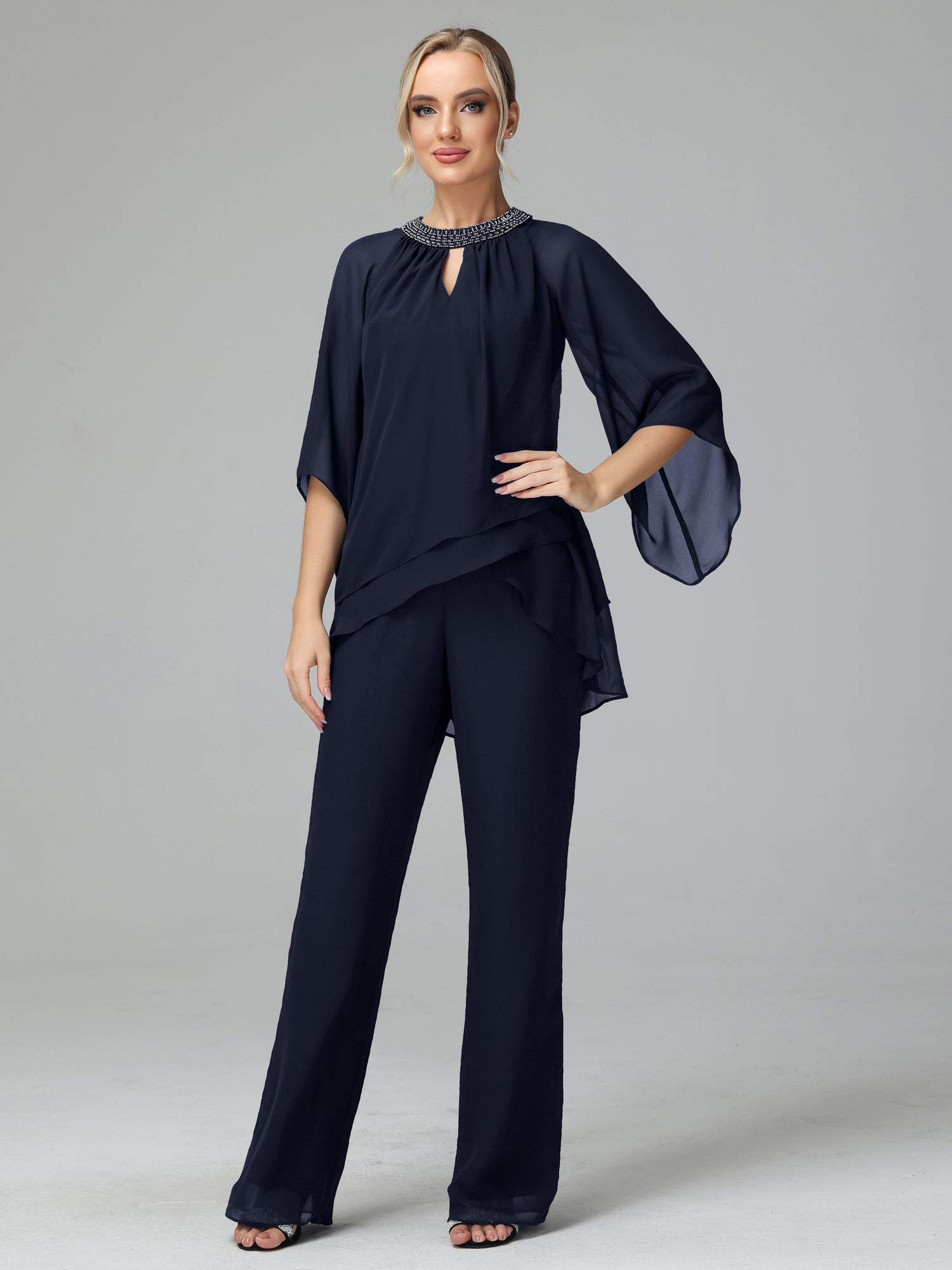 Long Sleeves Chiffon Mother Of The Bride Dress Pants Suits