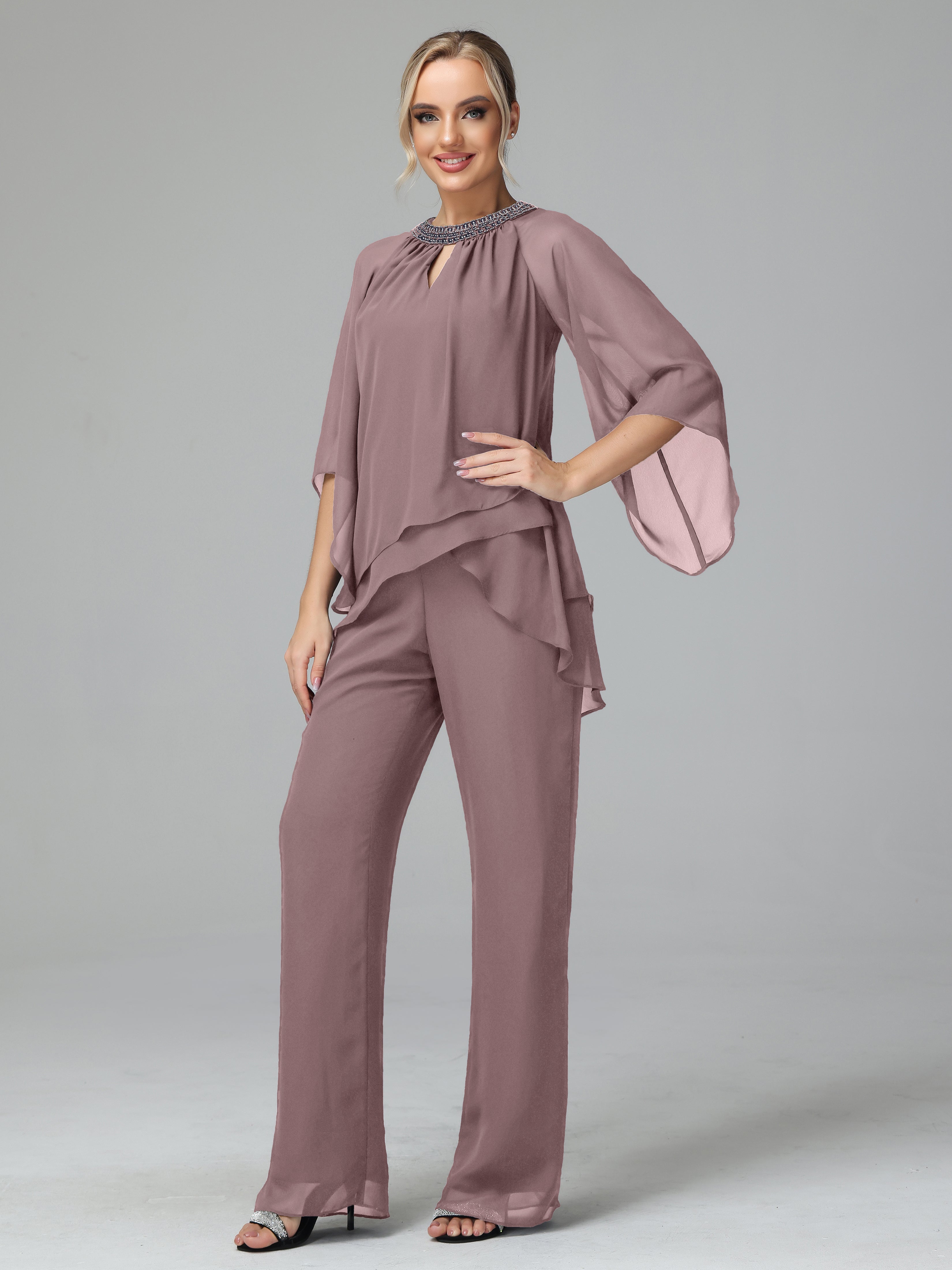 Long Sleeves Chiffon Mother Of The Bride Dress Pants Suits