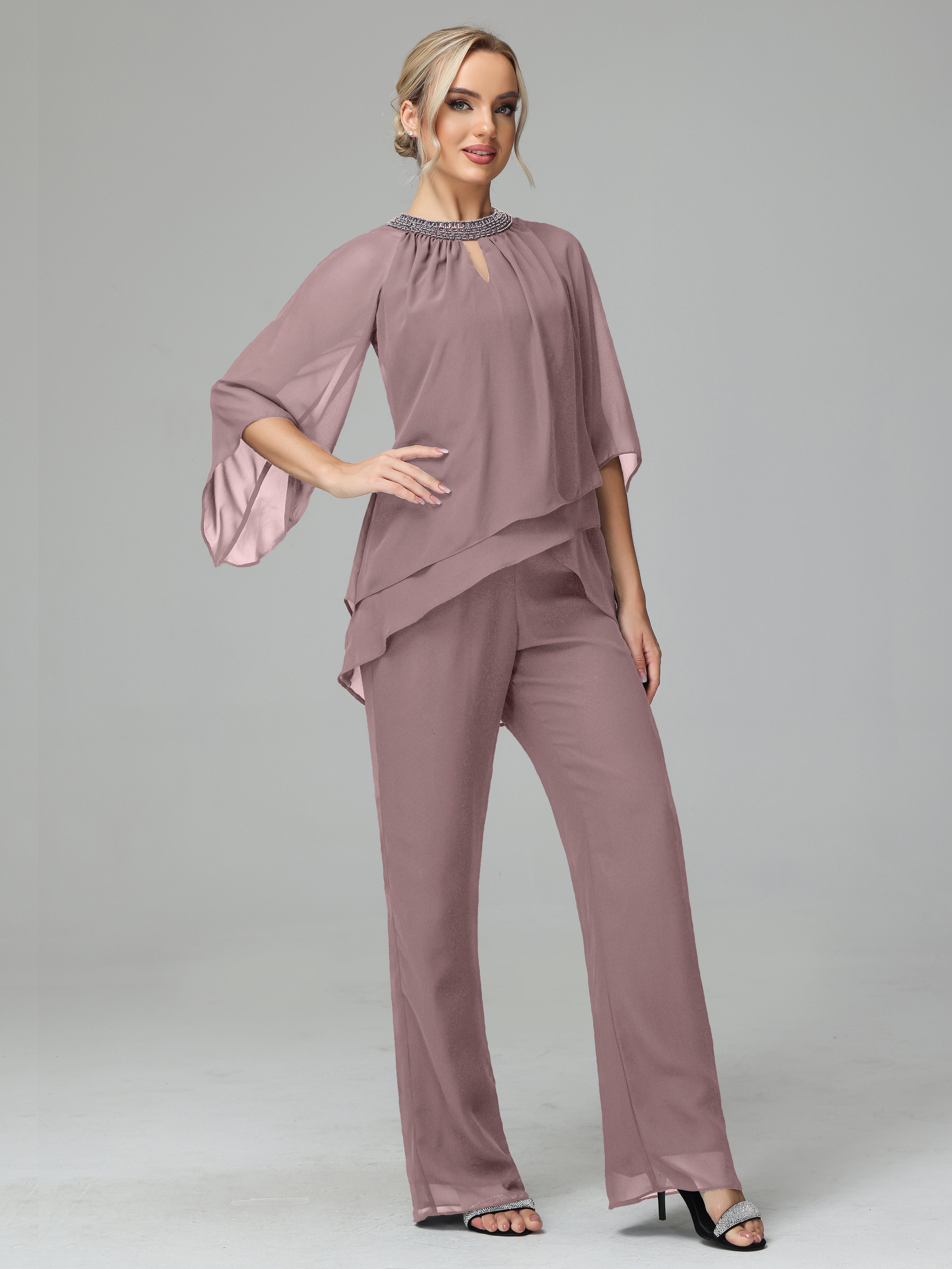Long Sleeves Chiffon Mother Of The Bride Dress Pants Suits