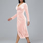 Long Sleeves Tea Length Plus Size Velvet Bridesmaid Dress