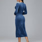 Long Sleeves Tea Length Plus Size Velvet Bridesmaid Dress