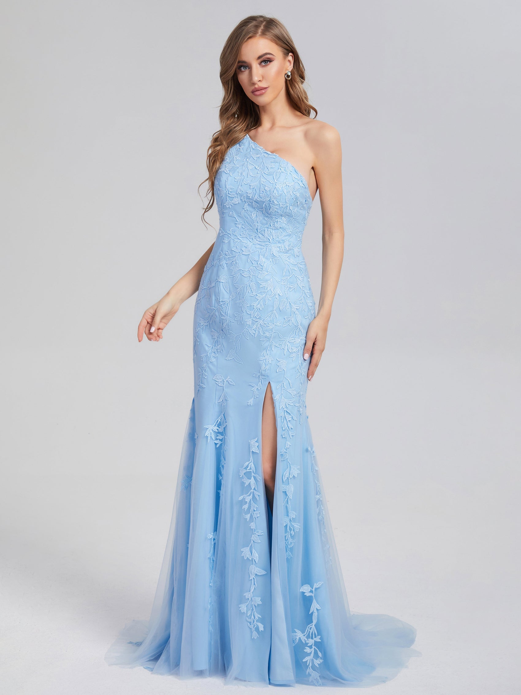 Sky Blue Mermaid One Shoulder Wedding Guest Dresses