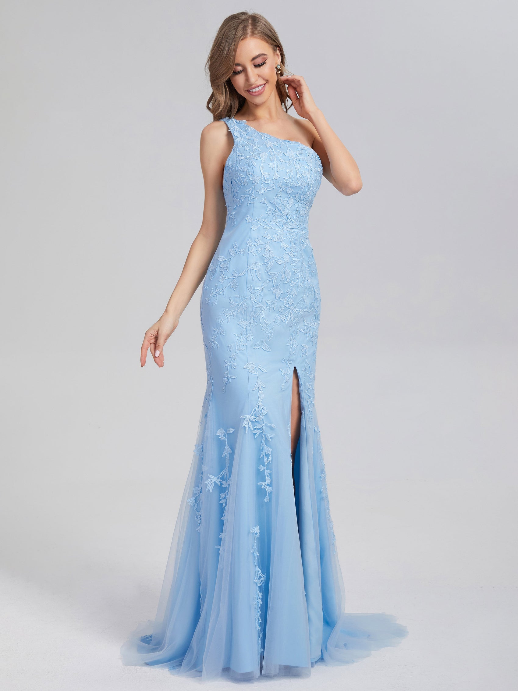 Sky Blue Mermaid One Shoulder Wedding Guest Dresses