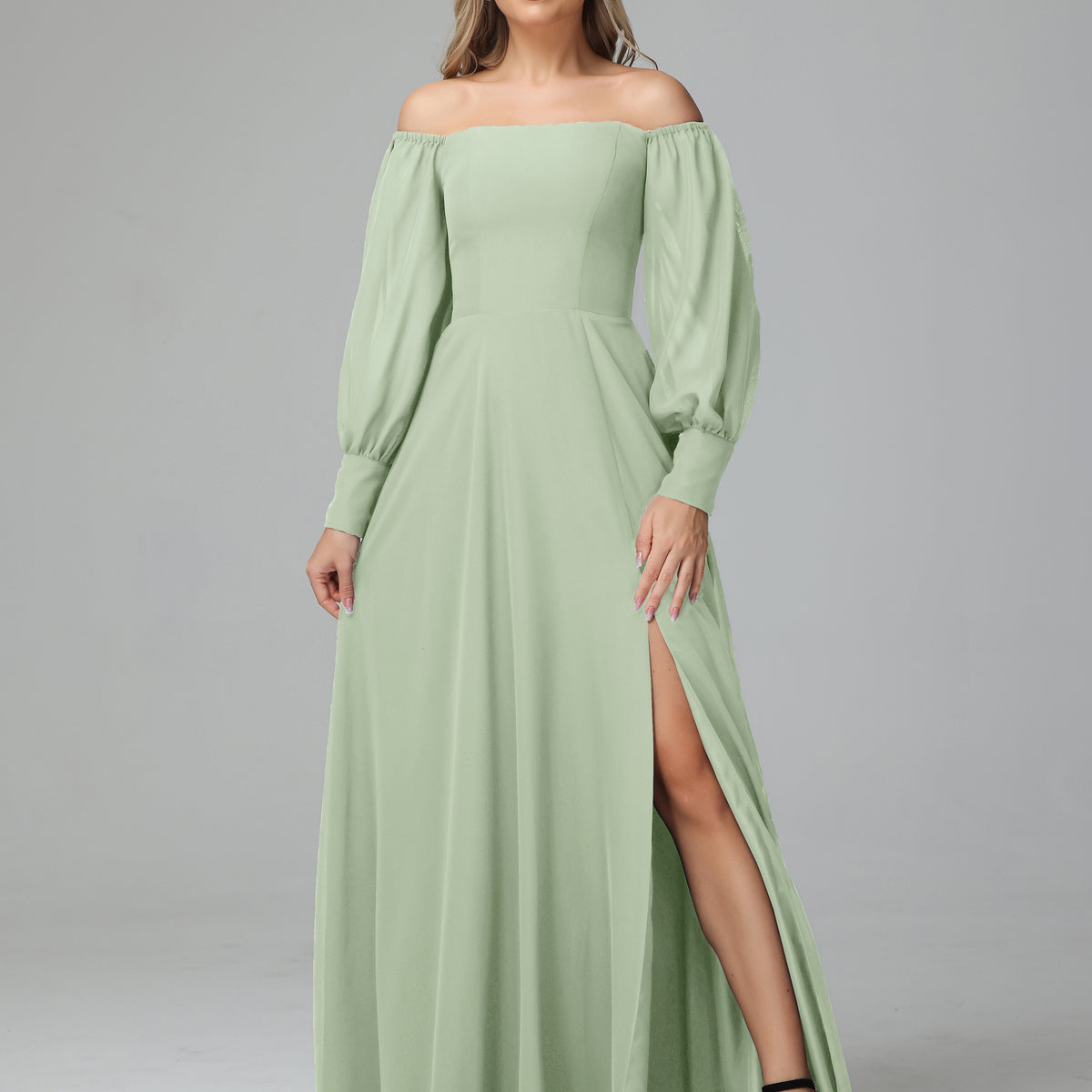 long sleeve cold shoulder chiffon bridesmaid dress Cold-Shoulder Long Chiffon Bridesmaid Dress