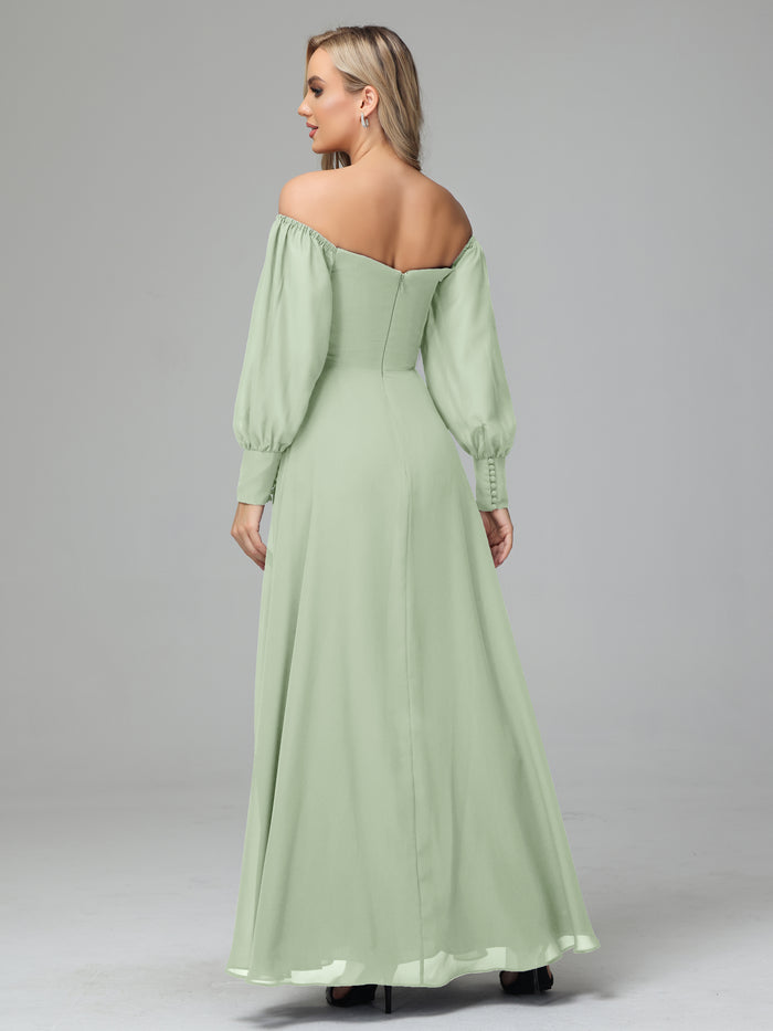 Off-the-Shoulder Long Sleeves Chiffon Jumpsuits Maternity Wedding Guest Dresses with Pleated