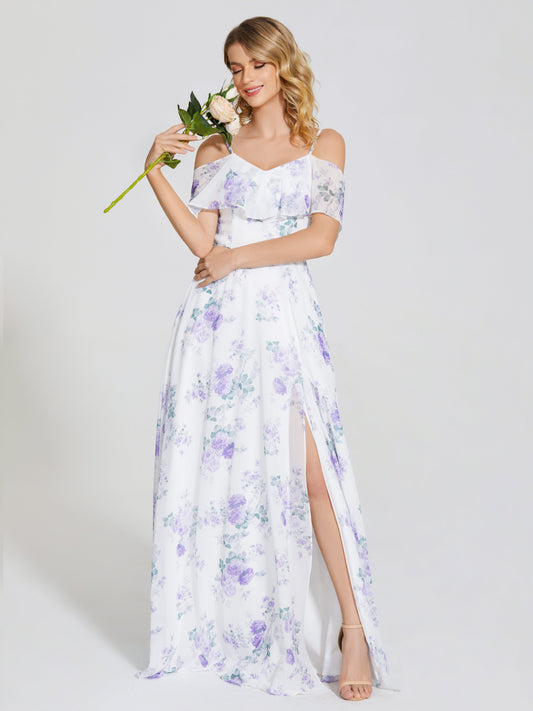 Off-Shoulder Ruffled Floral Printed Wedding Guest Dresses