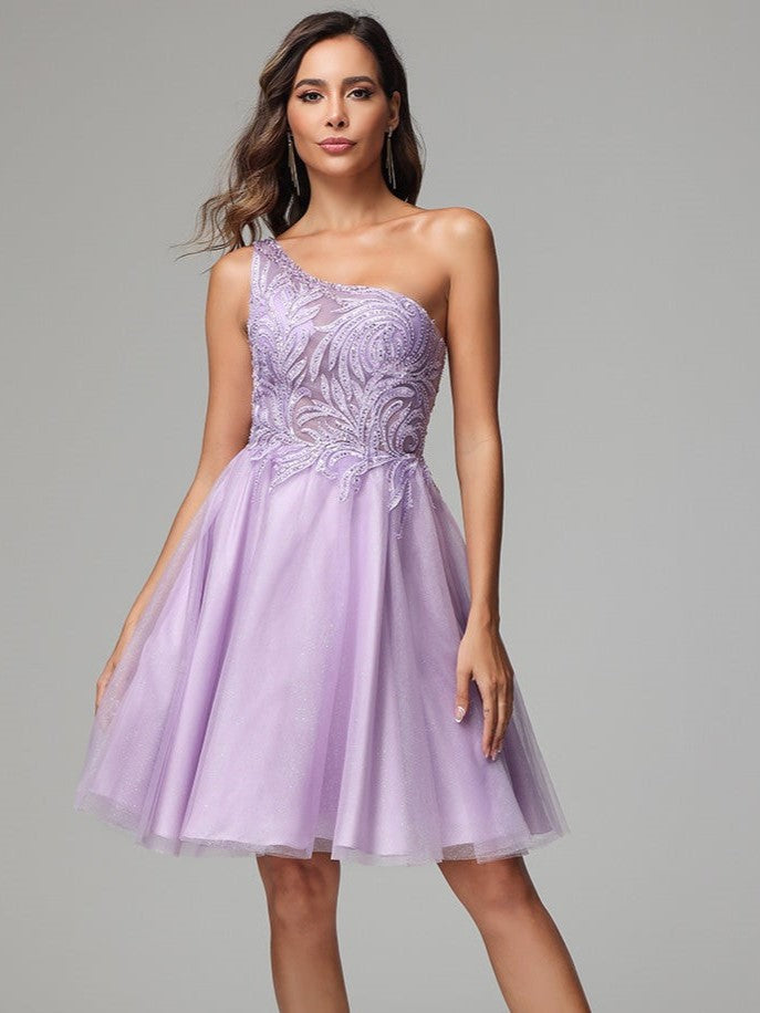 One Shoulder A-line Lilac Short Homecoming Dress with Appliques One Shoulder A-line Lilac Short Homecoming Dress with Appliques