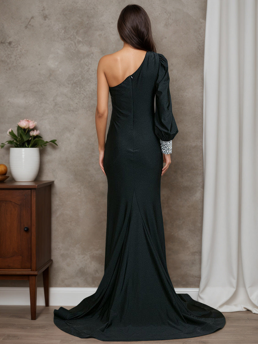 Graceful Long Sleeve Beaded One Shoulder Sheath Long Prom Dress