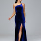 One Shoulder Plus Size Velvet Bridesmaid Dress With Slit