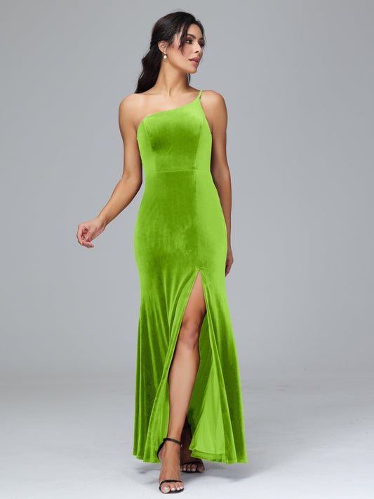 One Shoulder Plus Size Velvet Bridesmaid Dress With Slit
