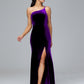 One Shoulder Plus Size Velvet Bridesmaid Dress With Slit