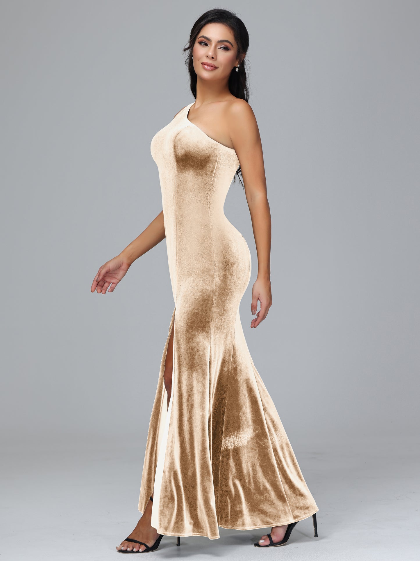 One Shoulder Velvet Bridesmaid Dress With Slit